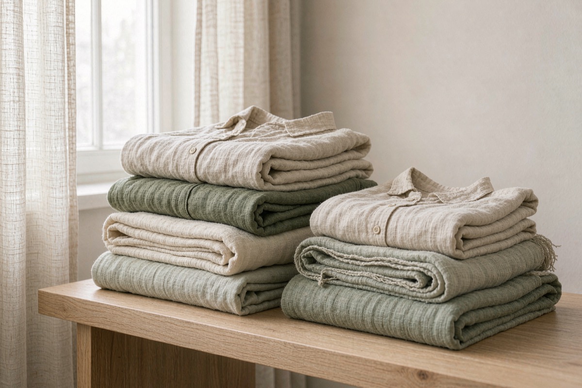 A linen shirt air-drying on a hanger