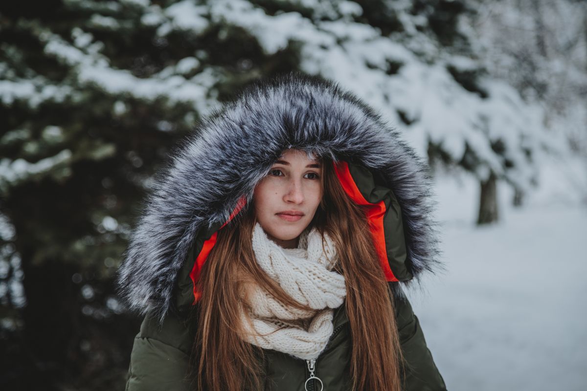 The hood of a winter down jacket
